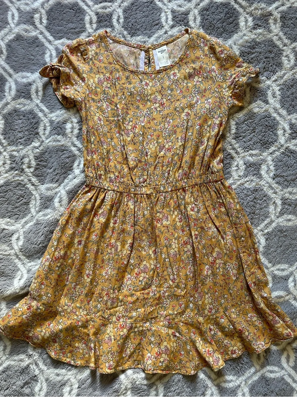 OshKosh B'gosh Girl’s Mustard Floral Short Sleeve Dress Size 7 Cottagecore